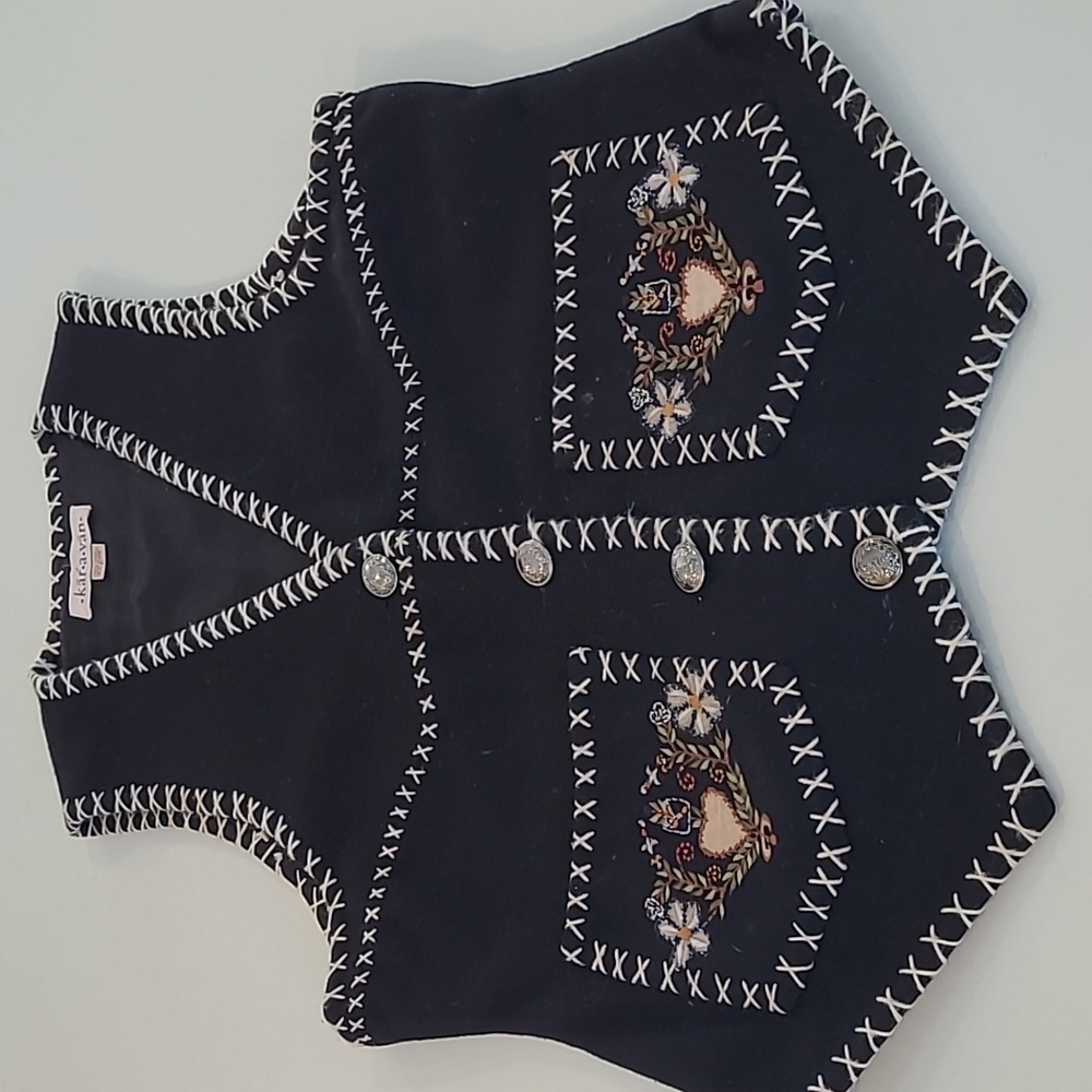 LIKE NEW VTG Karavan Black 100% Wool Black Vest with Embroidered Pockets